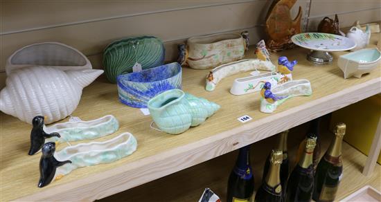 Collection of shorter pottery bird flower troughs, fish jugs and vases etc (18)